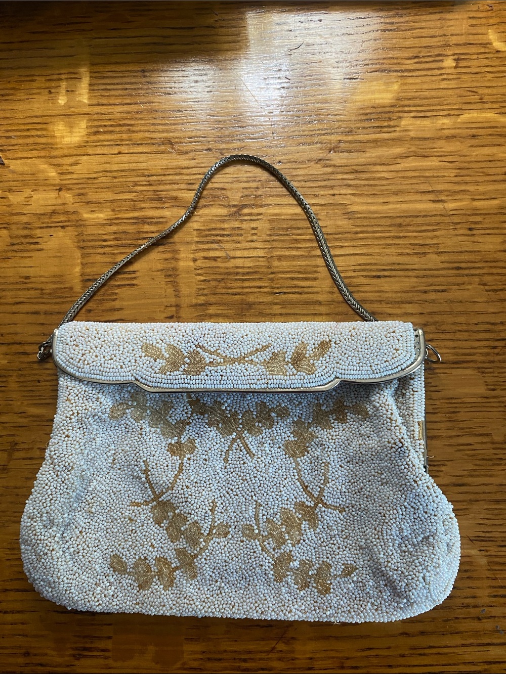 White Beaded Floral-Accent Evening Bag